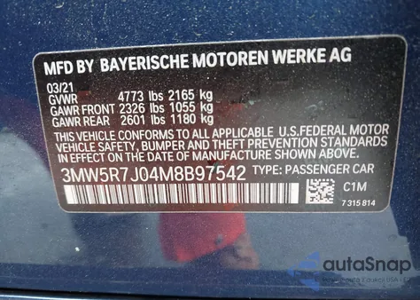 2021 BMW 330I xDrive z USA, uszkodzony, nr VIN 3MW5R7J04M8B97542